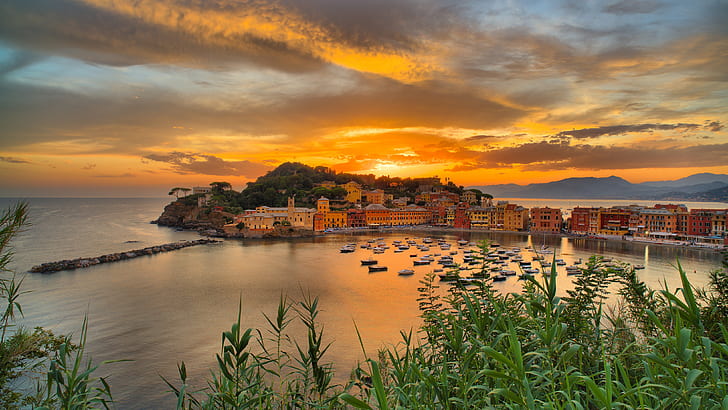 sea, grass, sunset, building, home, Bay, Italy, boats, Liguria, Sestri Levante, Bay of Silence, HD wallpaper