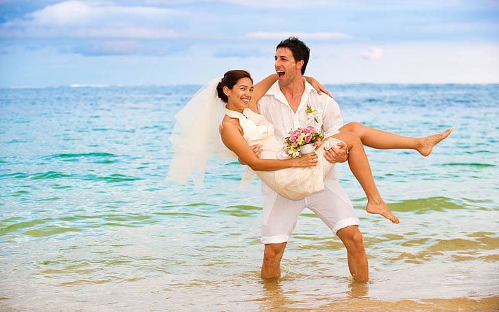 คู่รักที่น่าสนใจงานแต่งงานโรแมนติกบนชายหาดภาพถ่ายวอลล์เปเปอร์ HD 3840 × 2400, วอลล์เปเปอร์ HD