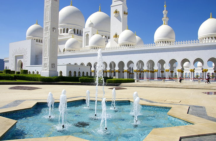 المساجد ، مسجد الشيخ زايد الكبير ، أبو ظبي ، نافورة ، الإمارات العربية المتحدة، خلفية HD