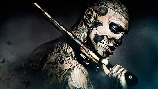 tattoo, 47 Ronin, gun, movies, Rick Genest, men, Rico the Zombie, nose rings, HD wallpaper HD wallpaper