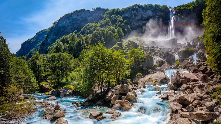 водопади тапет, Швейцария, водопад, дървета, бързеи, HD тапет