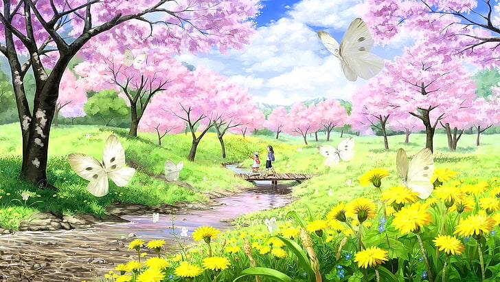 Anime, Anime Girls, lange Haare, kurze Haare, Schmetterling, Kirschblüte, HD-Hintergrundbild