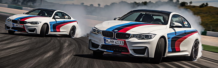 BMW M4, race tracks, Drifting, car, vehicle, motion blur, smoke, dual monitors, multiple display, HD wallpaper
