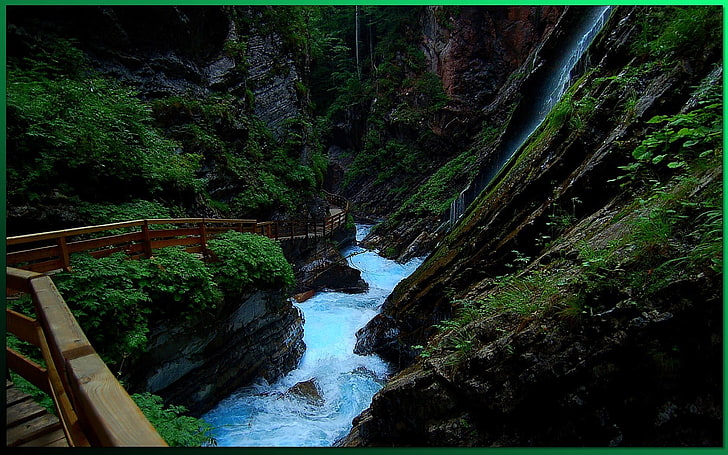 brown wooden railing, river, trail, gorge, HD wallpaper