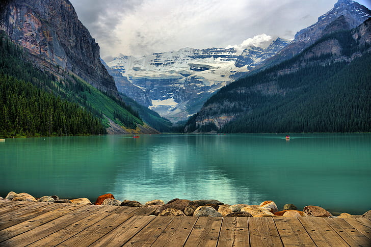 photography of calm water near mountain at daytime, lake louise, lake louise, lake louise, photography, calm, water, mountain, daytime, hdr, lake  louise, banff  national  park, canada, sony  alpha  77, weather, project, cloudy, day, nature, lake, landscape, outdoors, scenics, forest, mountain Range, european Alps, alberta, summer, beauty In Nature, mountain Peak, sky, reflection, tree, blue, autumn, banff National Park, travel, rock - Object, HD wallpaper