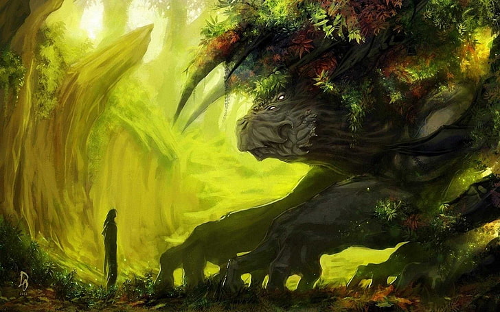 person in the forest painting, fantasy art, creature, HD wallpaper