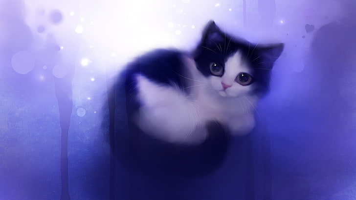 черно-белый котенок с жёлтыми глазами цифровые обои, кот, взгляд, кошечка, рисунок, художник, apofiss, желание, шар, HD обои