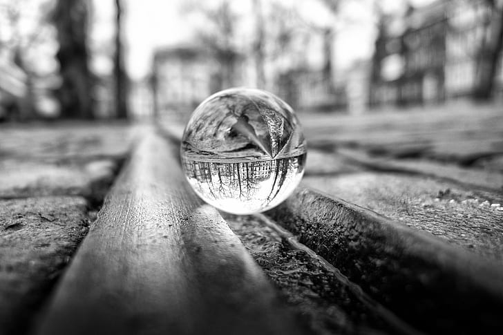 grayscale photography of glass ball on canal, Shot, through glass, Explored, grayscale, photography, canal, Den Haag, The Hague, F2, Olympus OM-D E-M10, Den  Haag, Chrystal, Ball, Glass, Micro Four Thirds, MFT, M4, Wide Angle, Close-Up, City, Nederland, Holland, Netherlands, Sphere, nature, HD wallpaper