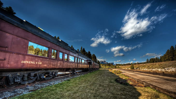 Kereta Lama Di Negeri Tinggi Hdr, kereta merah dan hitam, gunung, trek, kereta api, mobil, Wallpaper HD