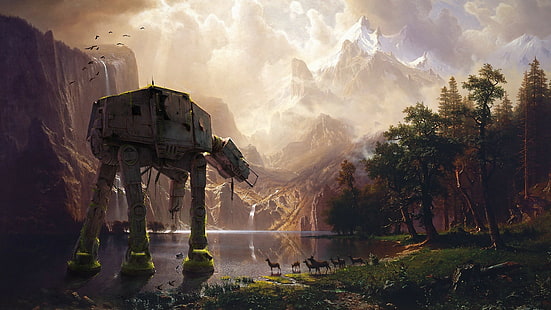 Star Wars, AT-AT, ป่า, งานศิลปะ, ถูกทิ้งร้าง, วอลล์เปเปอร์ HD HD wallpaper
