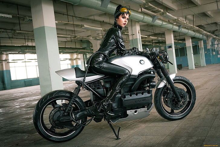 women with bikes, motorcycle, leather, latex, women, BMW, Catwoman, cosplay, HD wallpaper