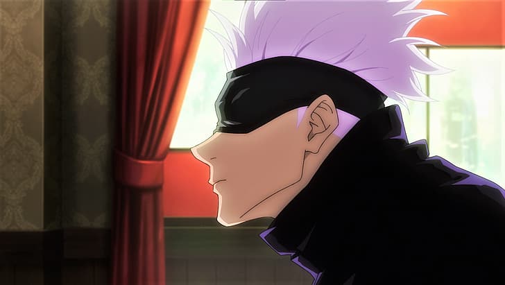 Jujutsu Kaisen, Satoru Gojo, white hair, anime, Anime screenshot, anime boys, blindfold, frown, HD wallpaper