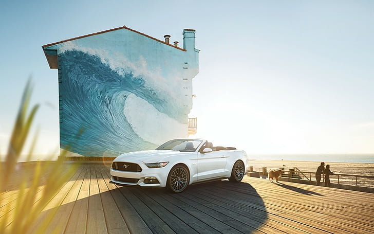 car, waves, Ford Mustang, front angle view, Ford, cabriolet, Cabrio, Convertible, HD wallpaper