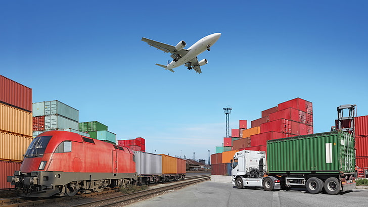 kontainer, pesawat terbang, langit, berwarna-warni, Truk, kendaraan, kereta api, kereta api, lokomotif diesel, langit cerah, industri, Wallpaper HD