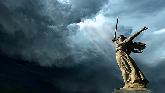 статуя, Сталинград, Втората световна война, меч, Родината призовава, HD тапет HD wallpaper