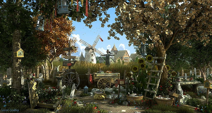 Así es la vida, utensilios, molino de viento, árbol, jardín, arbusto, 3d y abstracto, Fondo de pantalla HD