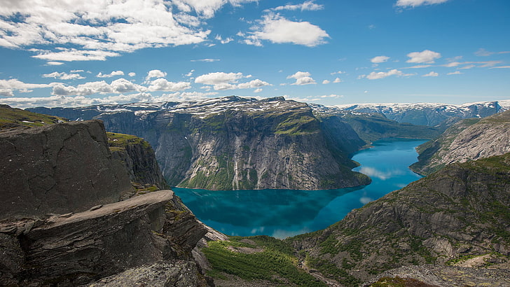 green mountains, nature, landscape, mountains, Norway, river, rock, clouds, reflection, snowy peak, Trolltunga, HD wallpaper