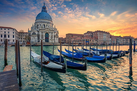 Cities, Venice, Architecture, Building, City, Dome, Gondola, Italy, Sunrise, HD wallpaper HD wallpaper