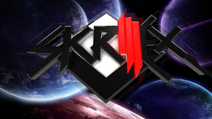 logo Skriex nero, rosso e bianco, skrillex, nome, spazio, pianeti, simbolo, Sfondo HD