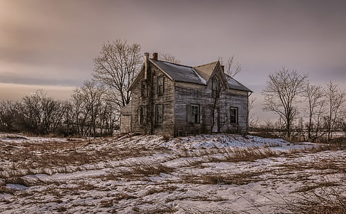 пейзаж, старый, дом, зима, заброшенный, снег, природа, поле, HD обои HD wallpaper