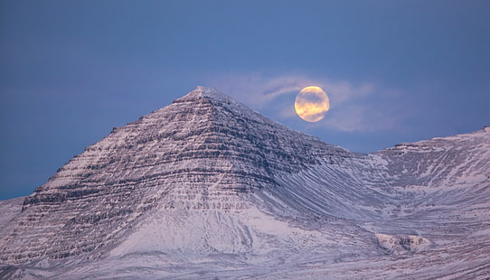 montagna grigia sfondo digitale, cielo, nuvole, neve, notte, luna, montagna, foschia, luna piena, Islanda, Sfondo HD HD wallpaper