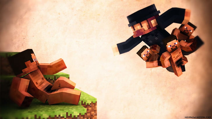 Notch Giving The Power Of Blocks To Man, minecraft characters illustration, video games, notch, minecraft, high res, games, HD wallpaper