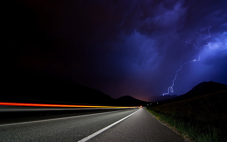 time lapse photography of cars on asphalt road, photography, landscape, nature, night, lightning, storm, road, long exposure, HD wallpaper