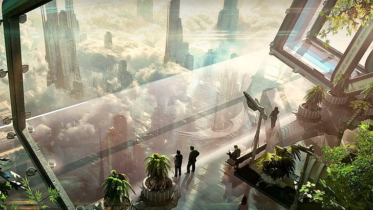 three people standing on glass panel, futuristic, cityscape, science fiction, artwork, HD wallpaper