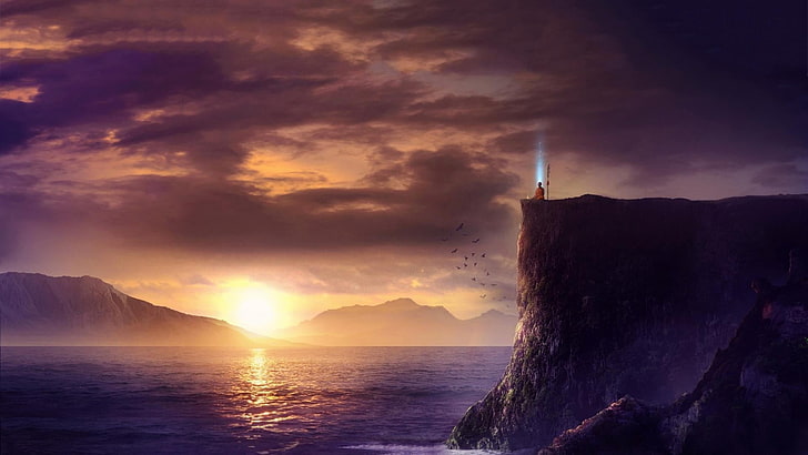 mountains and clouds animated wallpaper, artwork, monks, meditation, landscape, sunset, Sun, sea, hills, cliff, HD wallpaper