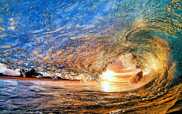 ilustrasi seawave, matahari terbenam, laut, ombak, Wallpaper HD