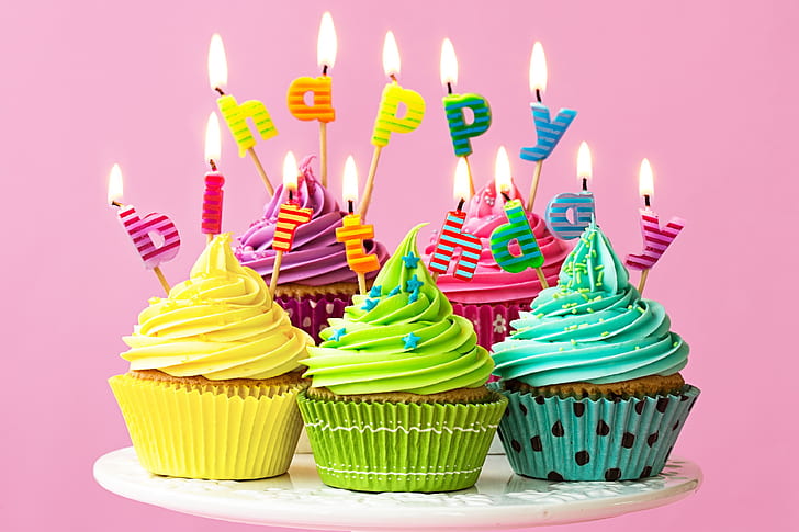 ljus, färgglada, regnbåge, tårta, grädde, Grattis på födelsedagen, färger, muffins, firande, muffins, dekoration, ljus, födelsedag, HD tapet