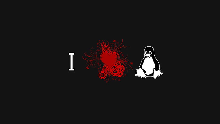 penguin illustration, Linux, Tux, red, heart, black background, black, HD wallpaper