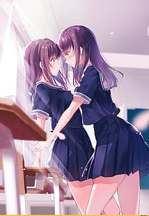  anime girls, schoolgirl, school uniform, HD wallpaper HD wallpaper