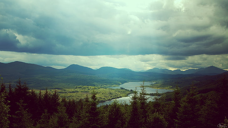 pini verdi, paesaggio, natura, foresta, Highlands scozzesi, panorama, montagne, cielo, Sfondo HD