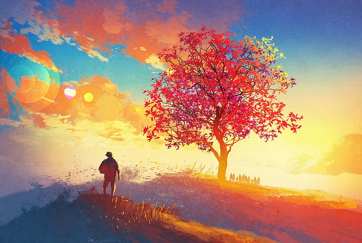 uomo che cammina verso l'albero grafica, persona in piedi albero durante il tramonto, opere d'arte, colorato, alba, cielo, foglie rosse, Sfondo HD