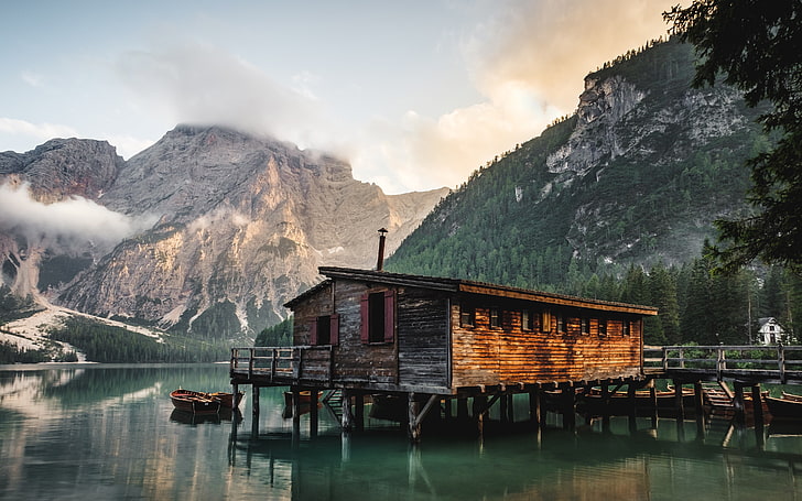 cabin and body of water, nature, trees, water, house, Italy, South Tyrol, boat, mountains, Lake Pragser, HDR, clouds, reflection, landscape, lake, HD wallpaper