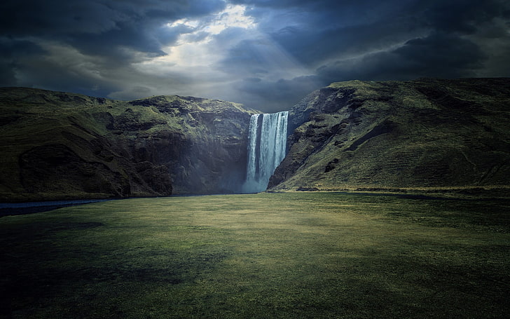 cachoeira, natureza, rio, paisagem, raios de sol, penhasco, escuro, nuvens, luz solar, Islândia, HD papel de parede