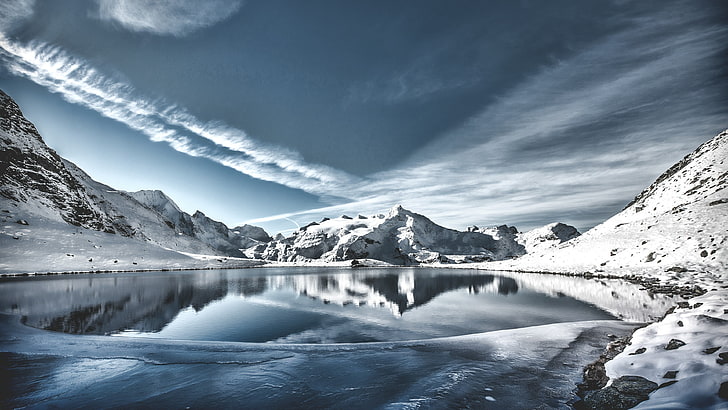 winter, bläulich, bergsee, blaue landschaft, fotografie, wolke, bergkette, tagsüber, einfrieren, reflexion, wildnis, wasser, schnee, berg, bergige landformen, himmel, natur, HD-Hintergrundbild