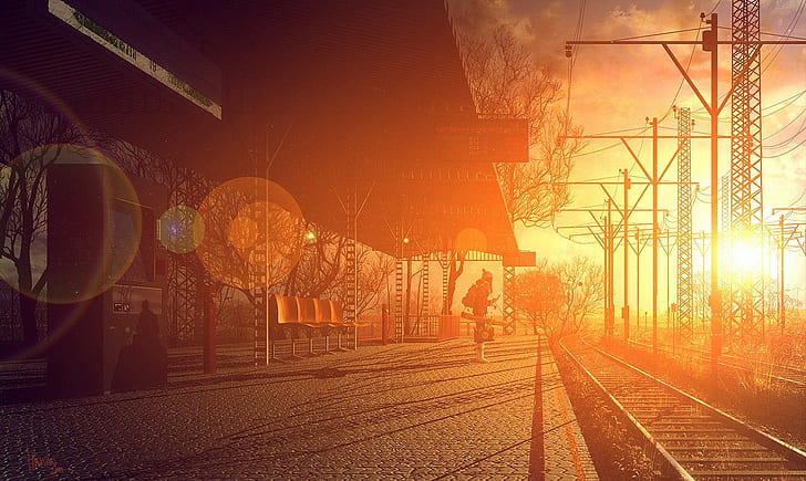 bokeh, poste de electricidad, puesta de sol, líneas eléctricas, ferrocarril, mujeres, destello de lente, luz solar, estación de tren, otoño, adoquín, Fondo de pantalla HD