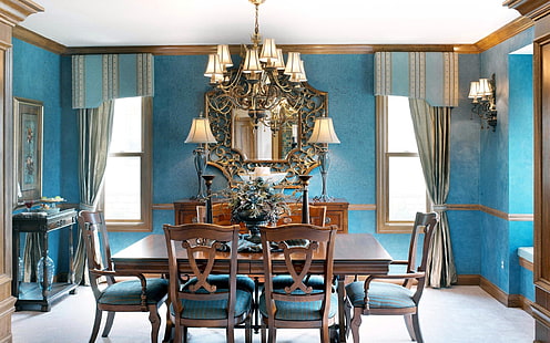 прямоугольный коричневый деревянный стол с шестью стульями, обеденный набор, цветы, синий, дизайн, стиль, стол, мебель, окна, лампа, стулья, интерьер, букет, зеркало, красиво, кухня, люстра, картины, прихожая, шторы, гостиная, стараястиль, HD обои HD wallpaper