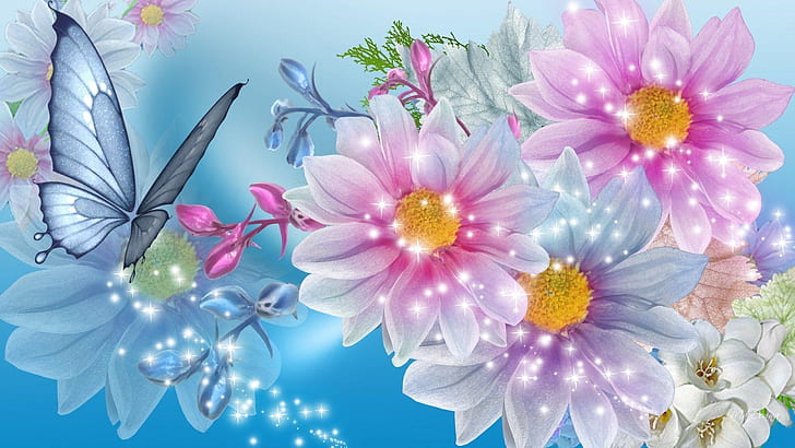 Motyl i kwiaty Ładne kwiaty z delikatnym różowym obrazem na pulpicie Telefon komórkowy Iphone lub Ipad 2560 × 1440, Tapety HD