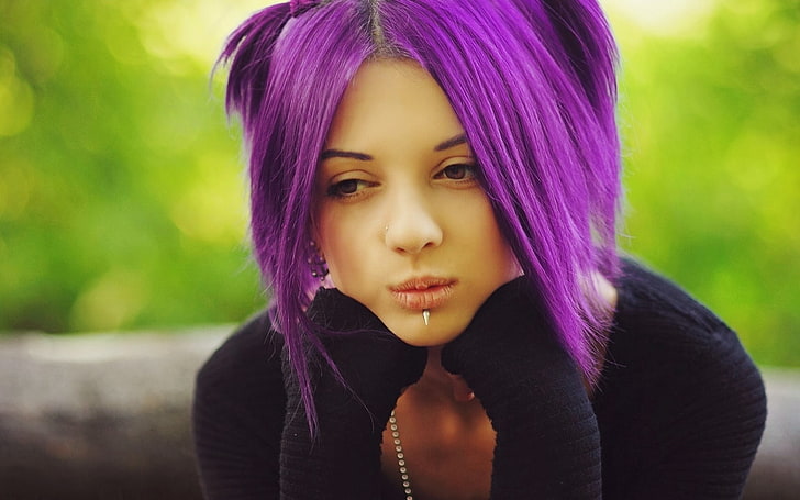 women, purple hair, piercing, model, face, pierced nose, pierced lip, HD wallpaper