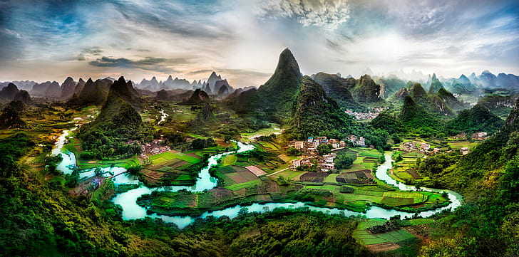 aerial photography of mountains and houses, Front, Your Face, Veil, aerial photography, houses, Guilin, sony a7r, horizontal, day, color, landscape, daily, valley  hill, hill  mountain, mountain  river, village, east asia, southeast china, guanxi, asia, guangxi Zhuang Autonomous Region - China, mountain, yangshuo, famous Place, nature, travel, scenics, li River, cultures, HD wallpaper