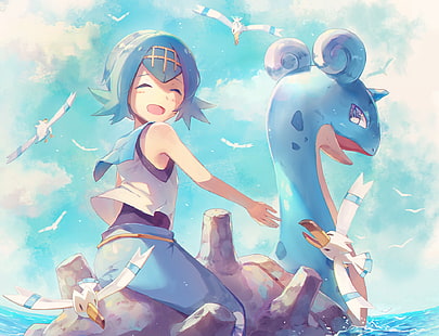Pokémon, Pokémon: Sun and Moon, Lana (Pokémon), Lapras (Pokémon), Wingull (Pokémon), HD wallpaper HD wallpaper