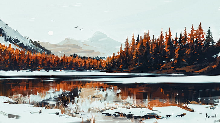 brown pine tree, body of water covered with ice beside trees, 2D, digital art, landscape, forest, ice, snow, artwork, illustration, Aenami, mountains, orange, nature, HD wallpaper