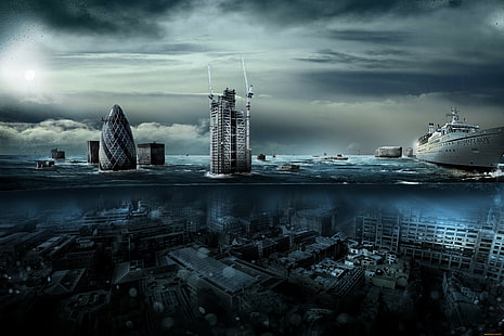 Grafik, Fantasiekunst, Schiff, geteilte Ansicht, versunkene Städte, HD-Hintergrundbild HD wallpaper