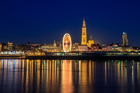 notte, luci, riflesso, spo, orizzonte, ruota panoramica, Belgio, Anversa, il fiume Schelda, Sfondo HD HD wallpaper