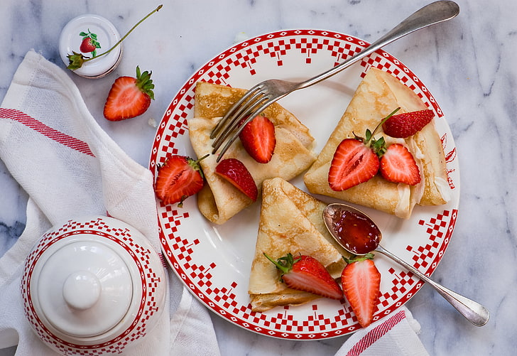 berries, strawberry, pancakes, HD wallpaper