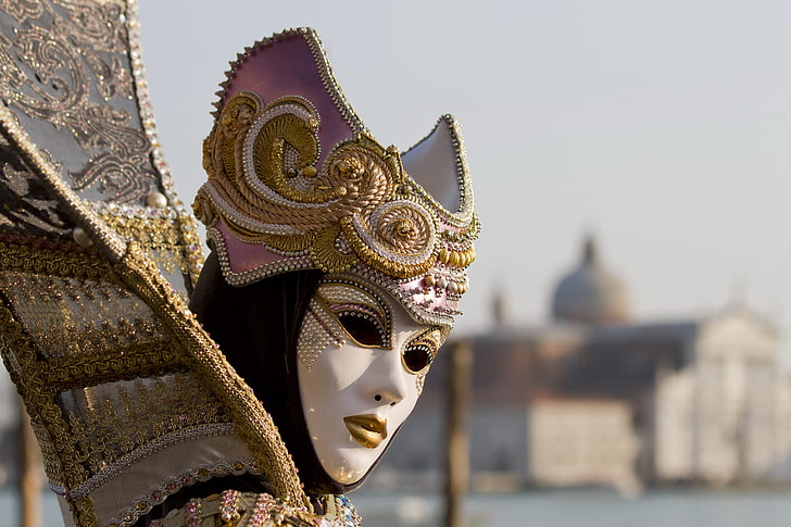 бяла и златна маскарадна маска, маска, облекло, венеция, маскарад, HD тапет