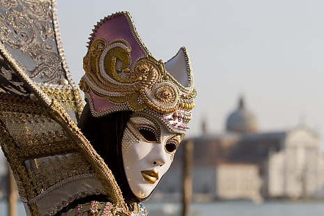 бяла и златна маскарадна маска, маска, облекло, венеция, маскарад, HD тапет HD wallpaper